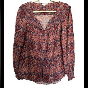 BeachLunchLounge Red Blue Smocked Long Sleeve Front Button Down Blouse Large